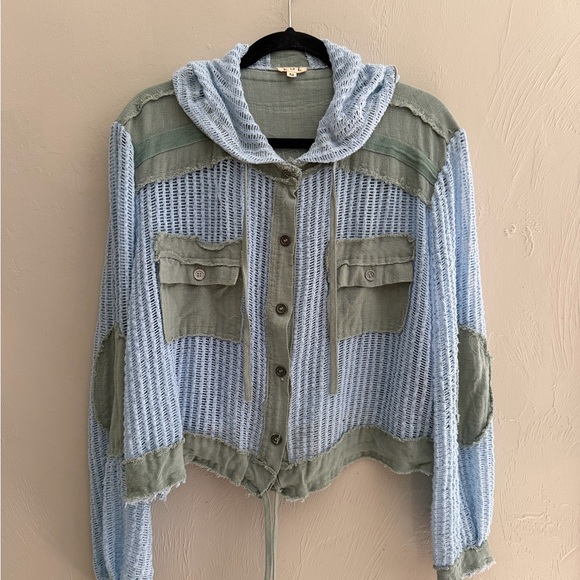 POL Jackets & Blazers - POL Light Blue & Sage Hooded Open-Knit Utility Jacket